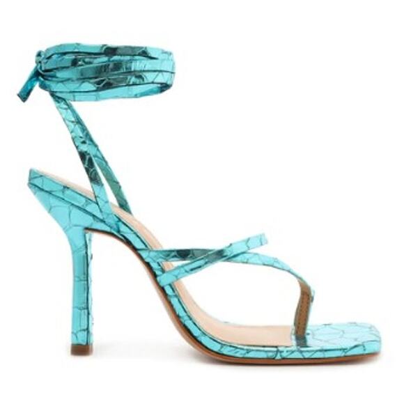 NWOB Schutz Lily Metallic Leather High Heel Sandal Turquoise Blue Size 6.5 B - Picture 2 of 10